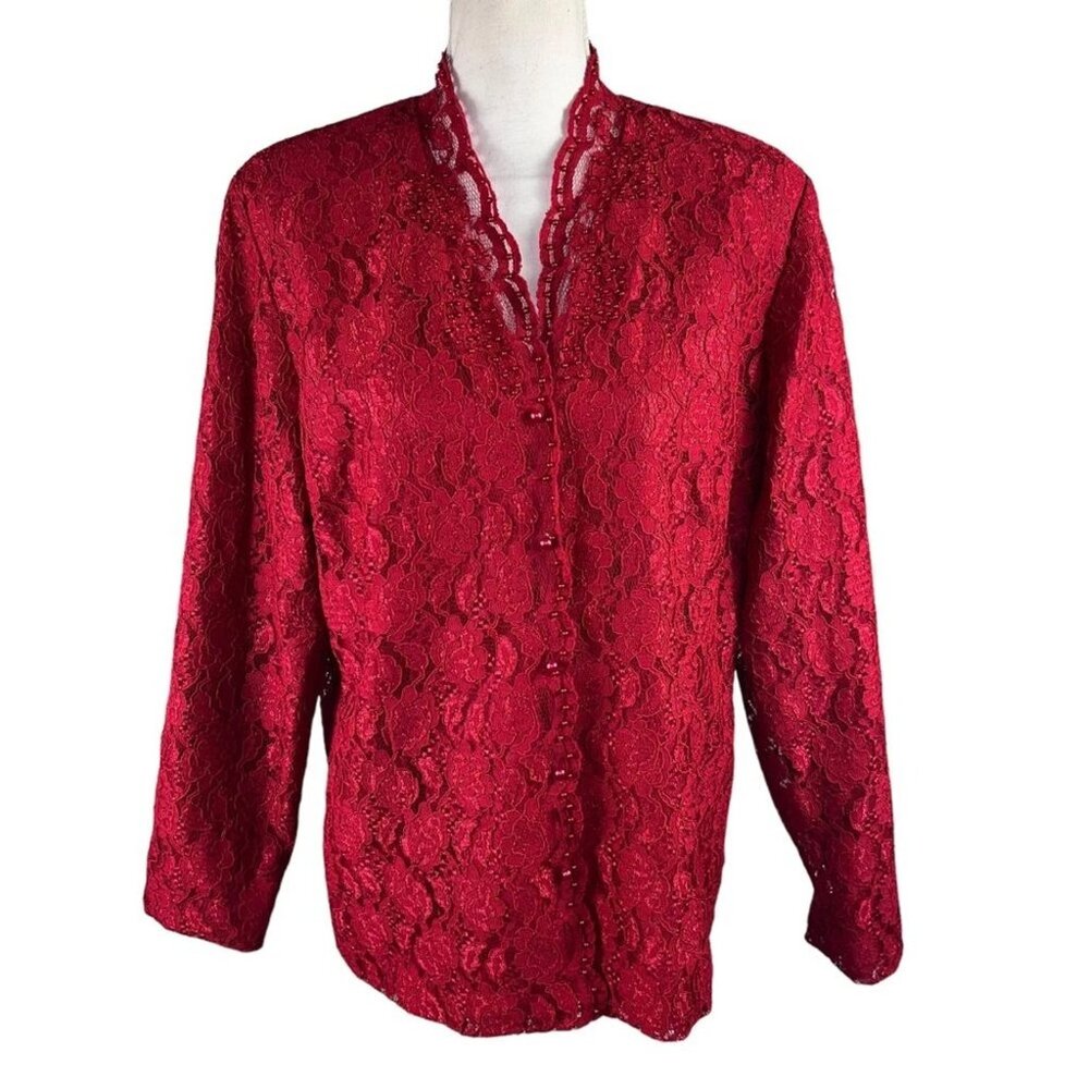 Red Lace Jacket Women's Medium Christmas Valentine's Day Holiday Karen Scott